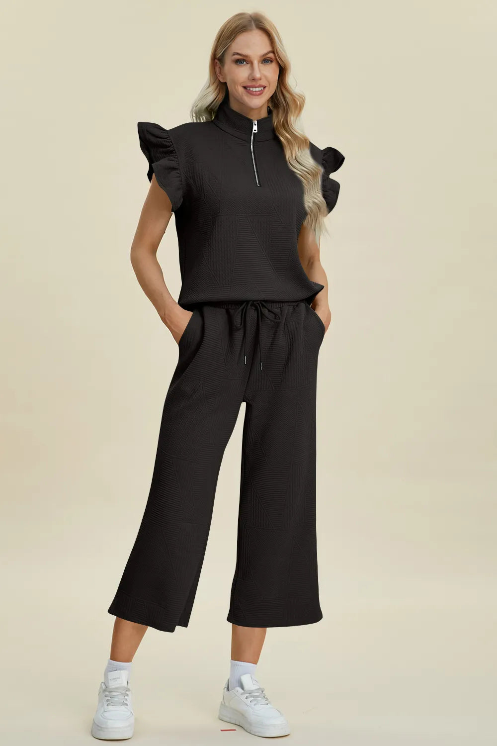 Double Take Full Size Texture Ruffle Short Sleeve Top And Wide Leg Pants Set