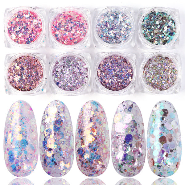 8 boîte Mix Glitter Nail Art Poudre Flocons Ensemble