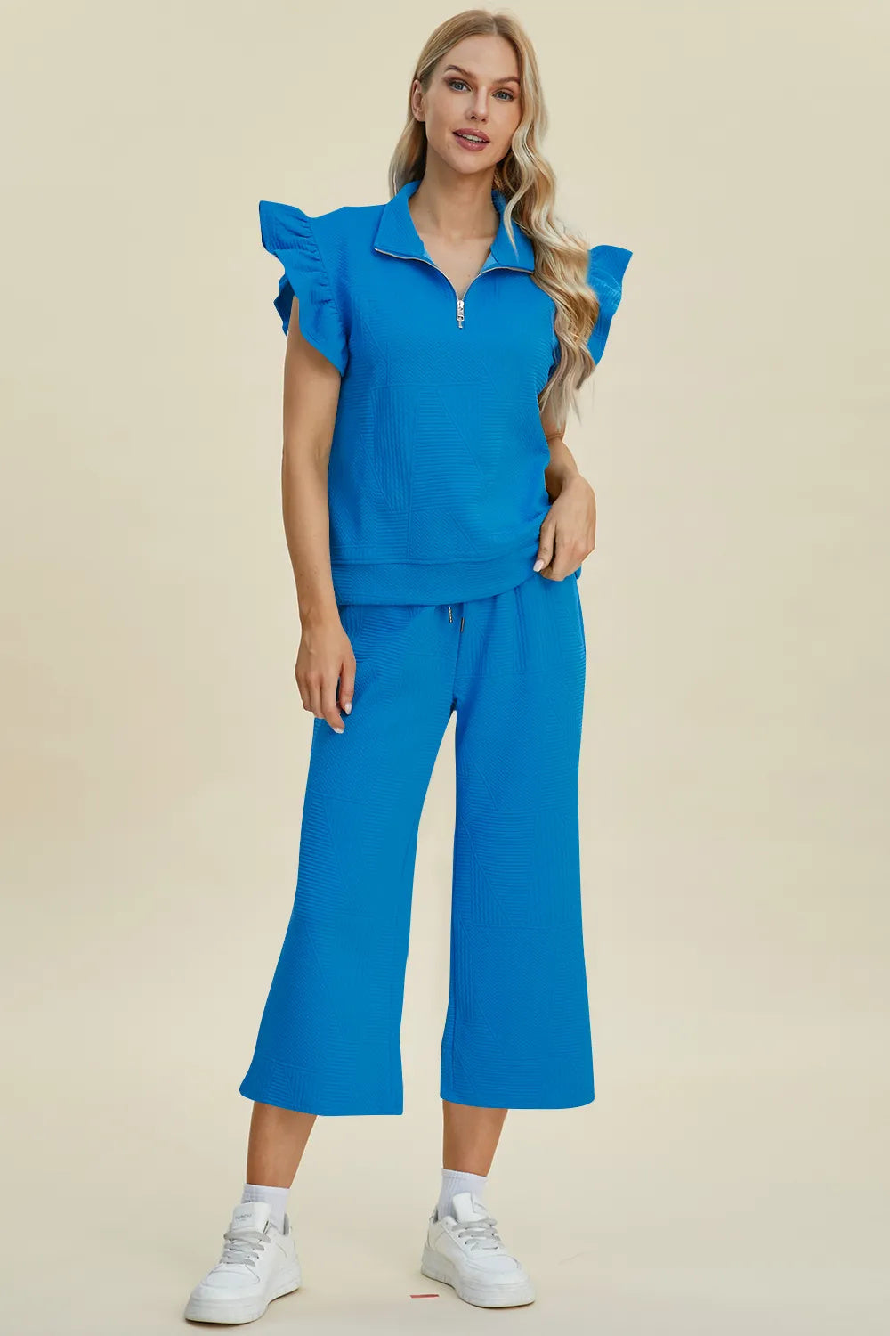 Double Take Full Size Texture Ruffle Short Sleeve Top And Wide Leg Pants Set