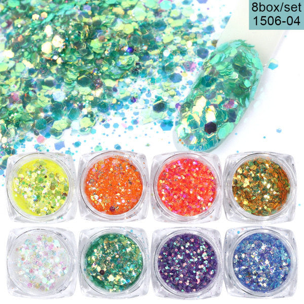 8 boîte Mix Glitter Nail Art Poudre Flocons Ensemble