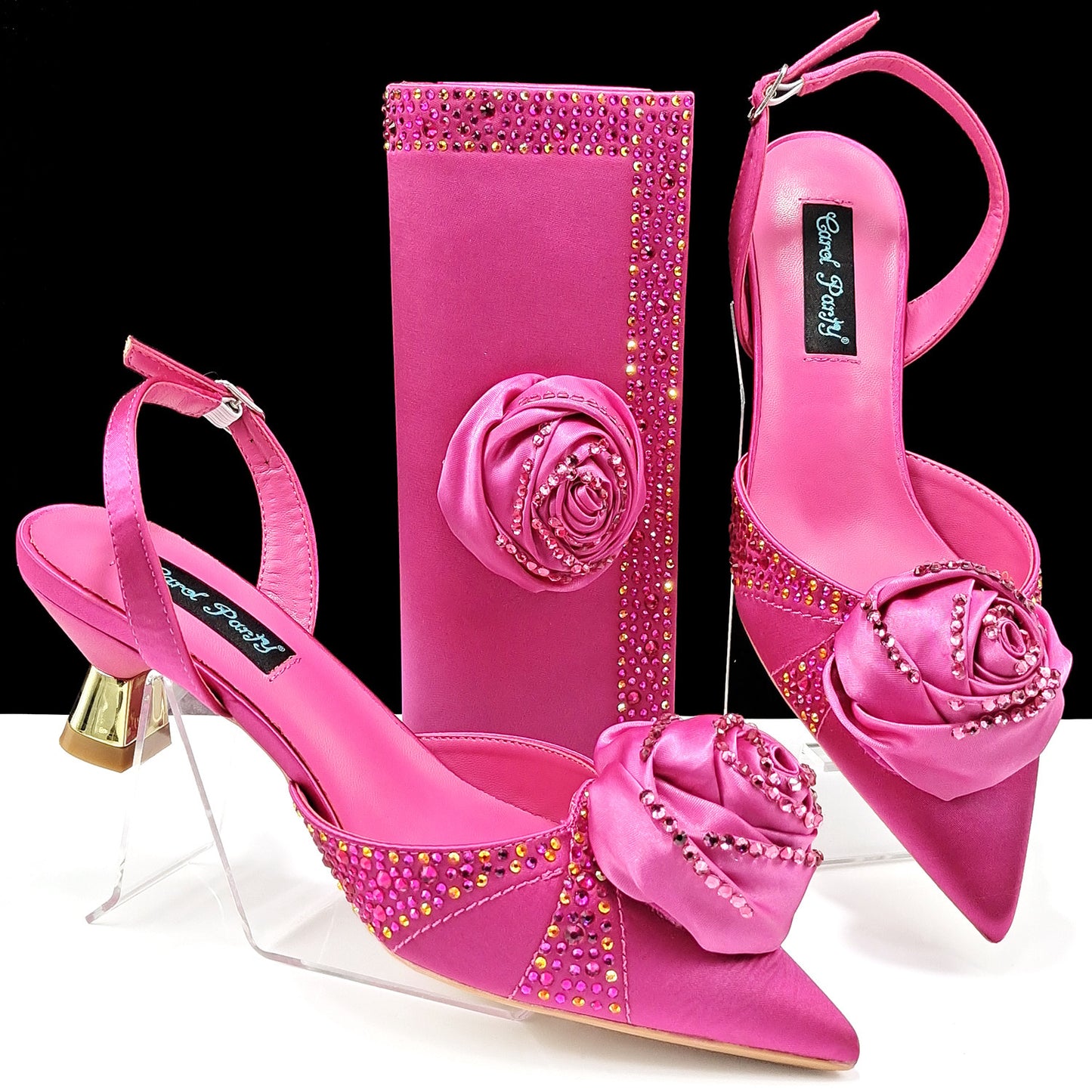 Women's Shoes And Bags Handmade Flower Decoration High Temperature Rhinestone Satin High Heels Suit