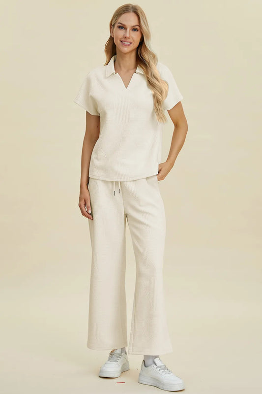 Double Take Full Size Collared Neck Short Sleeve Top And Pants Set