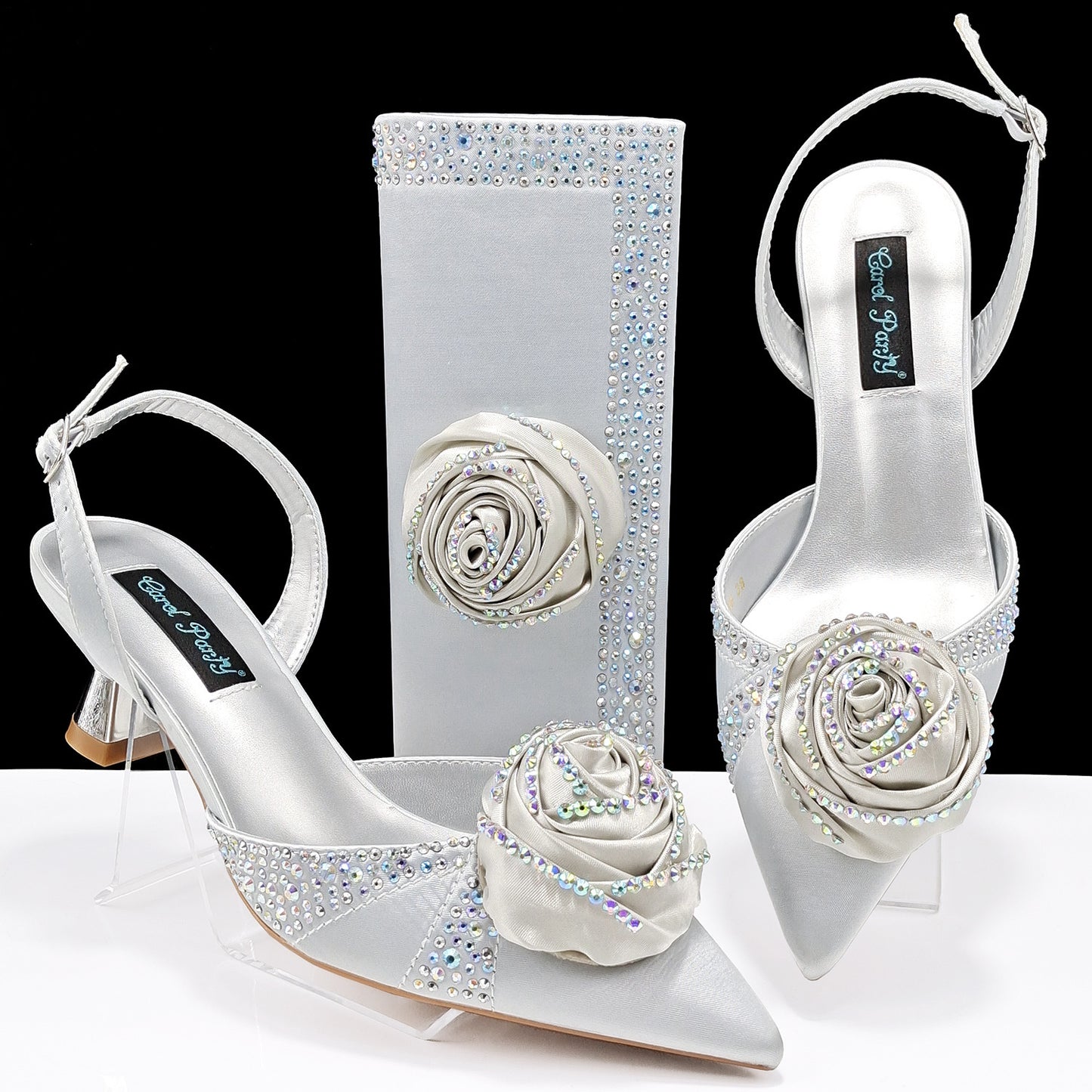 Women's Shoes And Bags Handmade Flower Decoration High Temperature Rhinestone Satin High Heels Suit