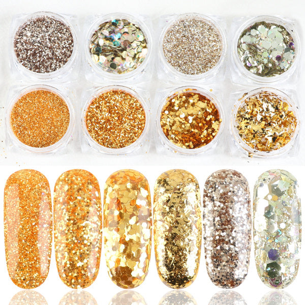 8 boîte Mix Glitter Nail Art Poudre Flocons Ensemble