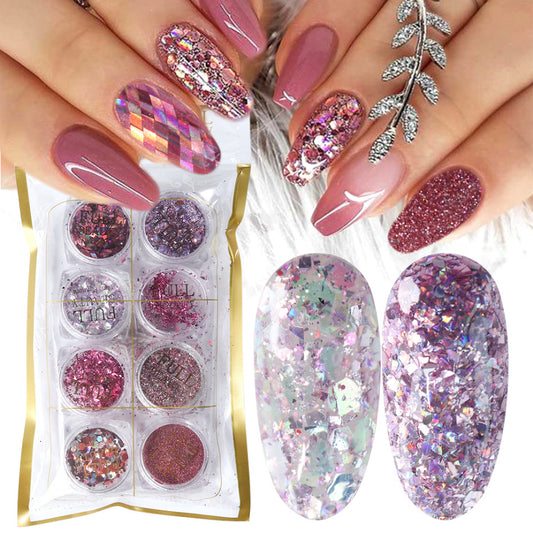 8 boîte Mix Glitter Nail Art Poudre Flocons Ensemble