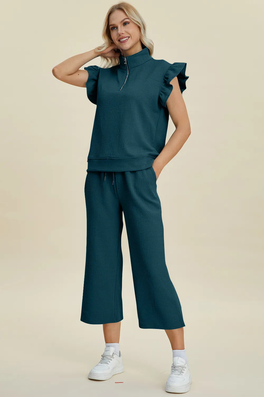 Double Take Full Size Texture Ruffle Short Sleeve Top And Wide Leg Pants Set