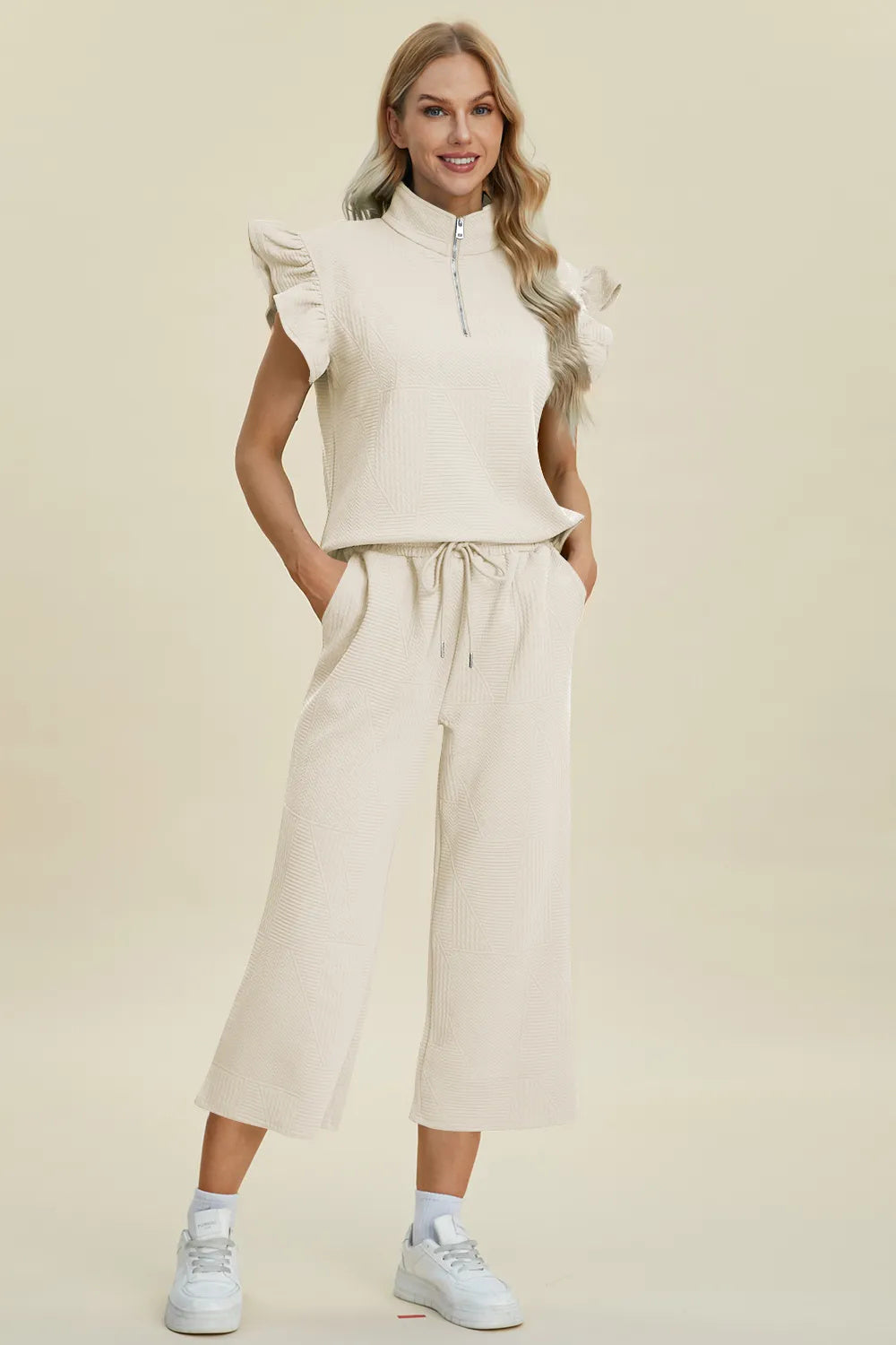 Double Take Full Size Texture Ruffle Short Sleeve Top And Wide Leg Pants Set