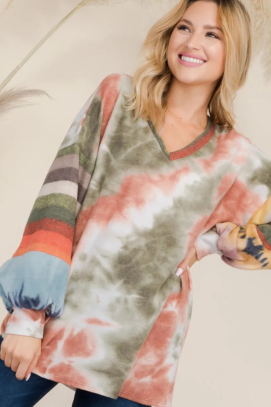 Celeste Full Size Tie-Dye Contrast Striped V-Neck Long Sleeve Blouse